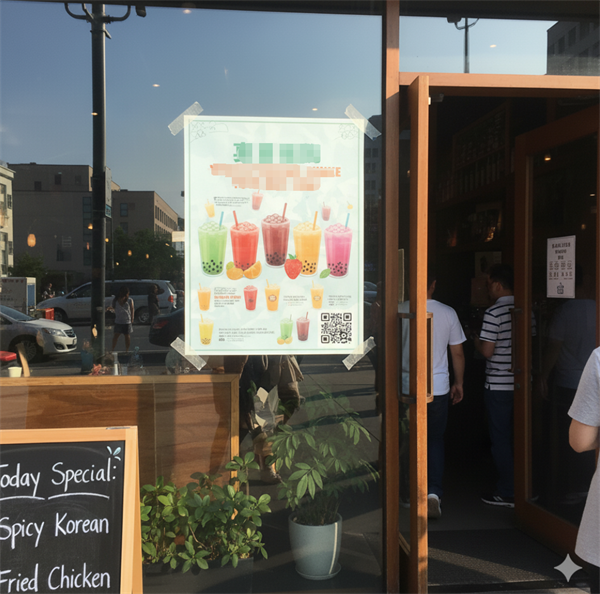 qr code on a promotional poster at the store entrance စတိုးဝင်မှာ မြှင့်တင်ရေး ပိုစတာပေါ်က qr ကုဒ်