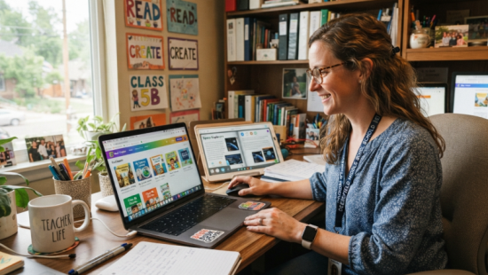 teacher using book creator tool စာအုပ်ဖန်တီးသူ ကိရိယာကို အသုံးပြုသော ဆရာ